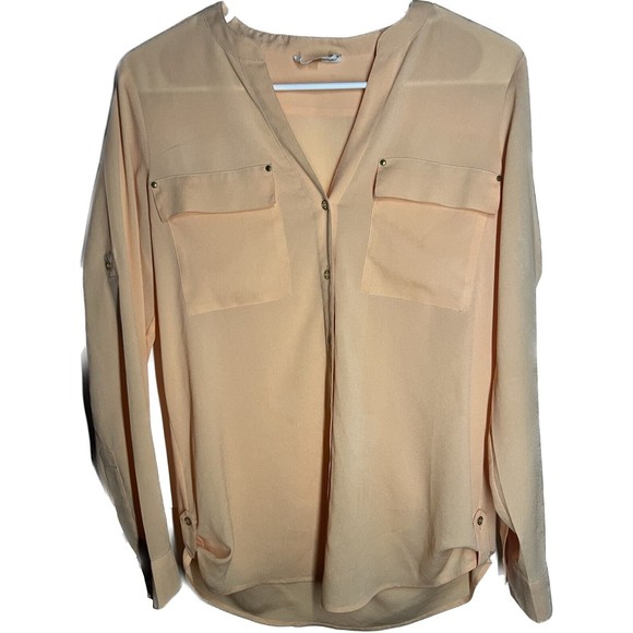 Calvin Klein Mandarin Collar Button Roll-Up Sleeve Blouse Peach Women's Size S - Picture 1 of 5